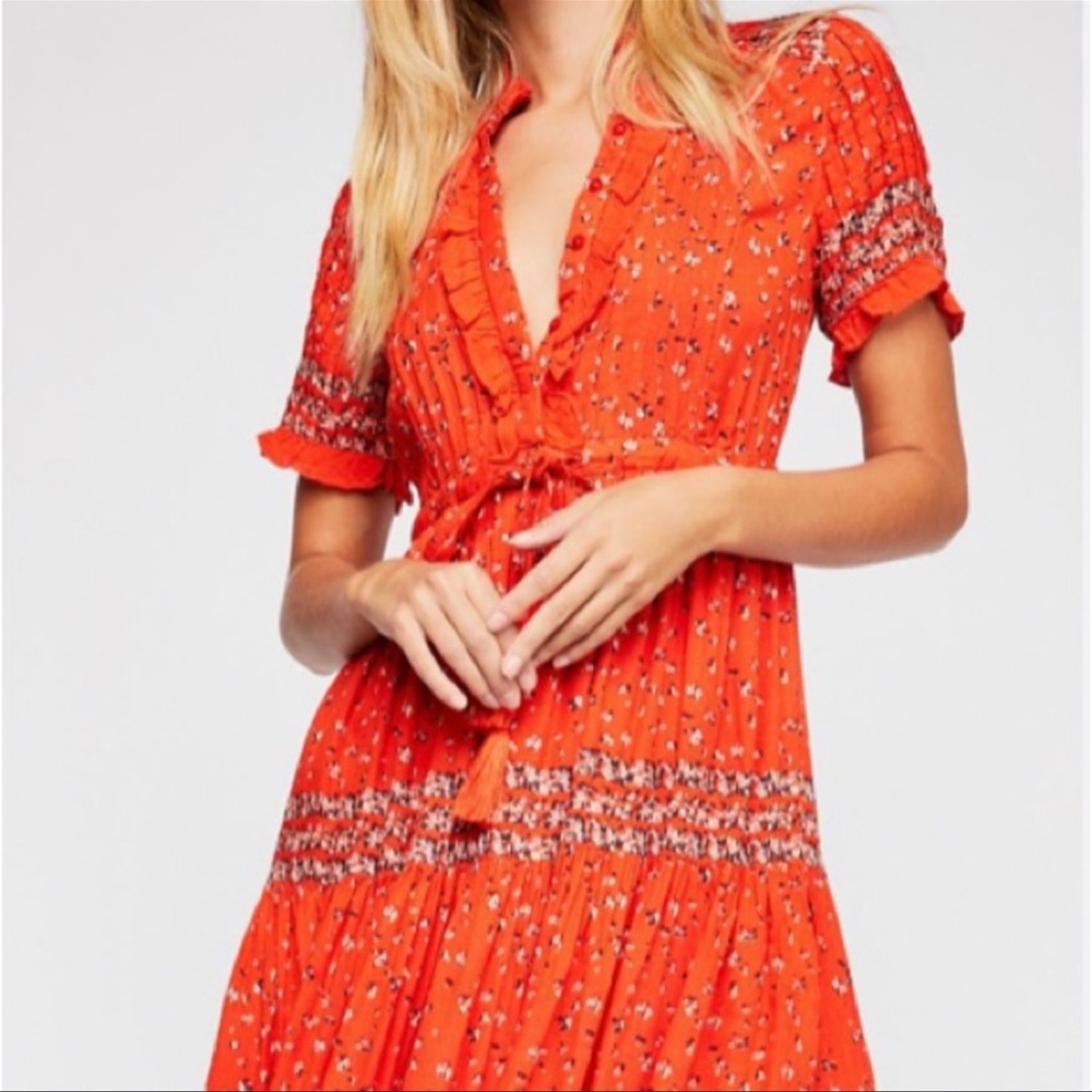 Free People Bright Orange Floral Tiered Maxi Dress